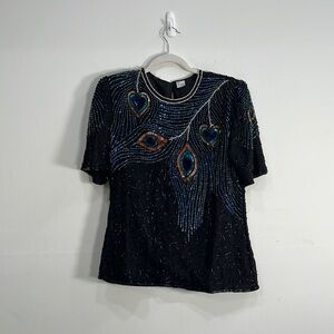 Silk Sequin Womens Top vintage size L short sleeve Peacock feathers
